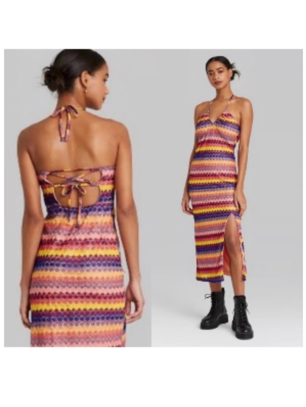 Wild Fable Multicolor Striped Backless Halter Midi Dress